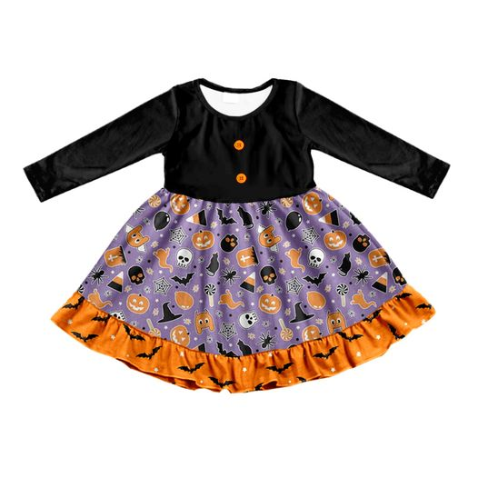 preorder GLD0304 Halloween skull pumpkin black long sleeve girls dress