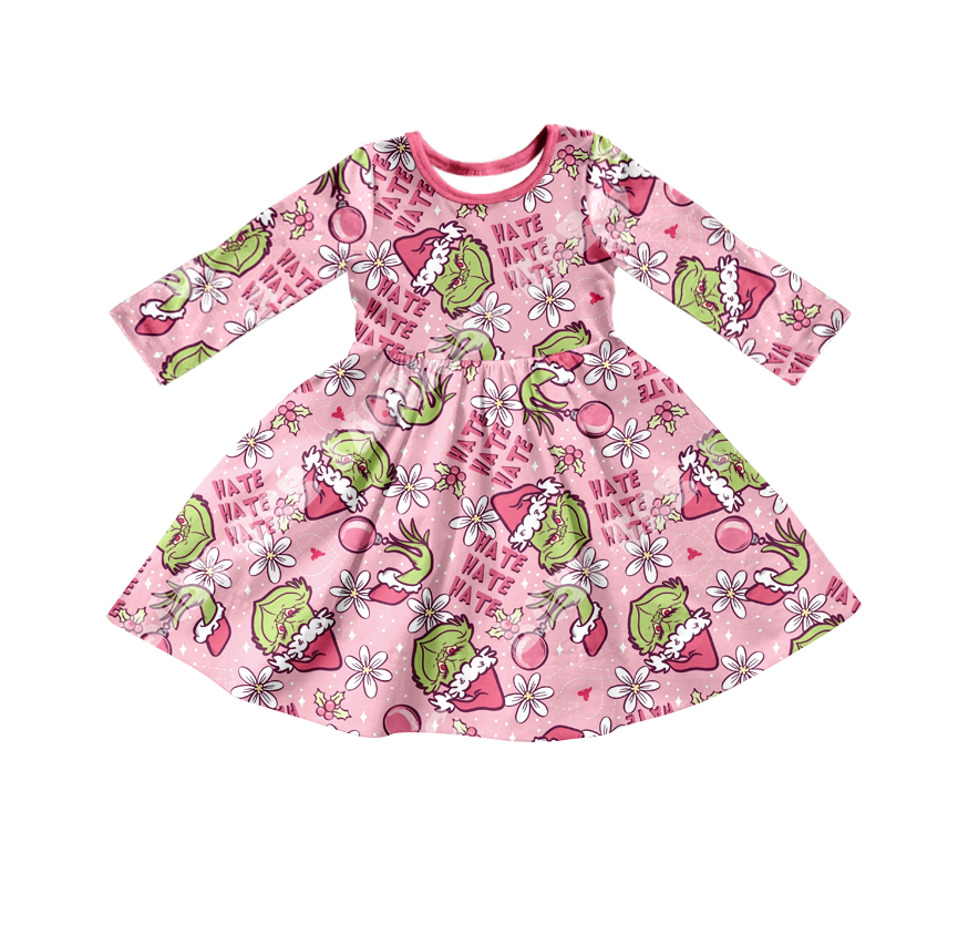 preorder GLD0318 Christmas green face pink long sleeve girls dress