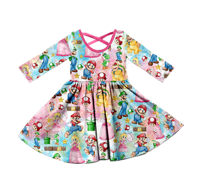 GLD0324 Cartoon princess pink long sleeve girls dress