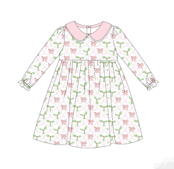 preorder GLD0332 Christmas holly lead bowknot pink long sleeve girls dress