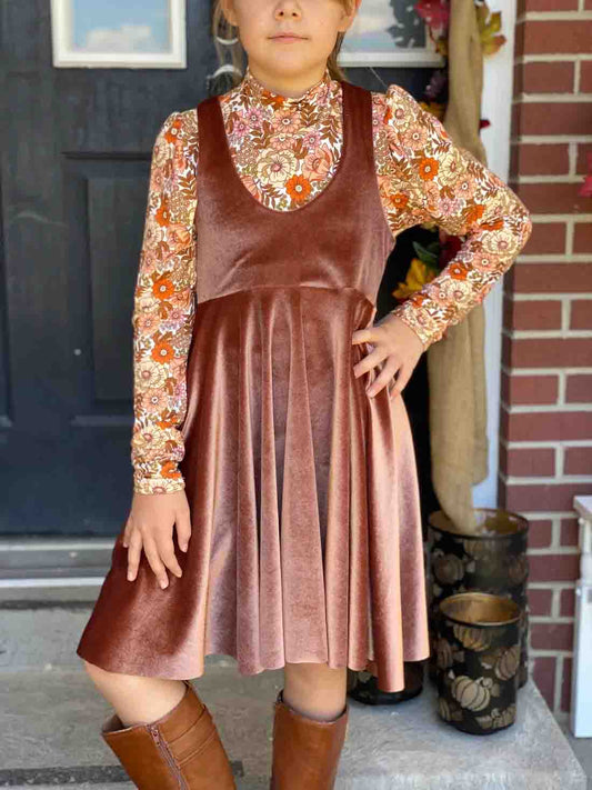 preorder GLD0334 Colorful flowers long sleeve high neck top brown velvet dress girls set