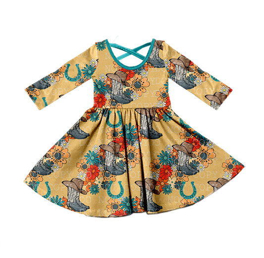 preorder GLD0350 Western boot hat flowers brown long sleeve girls dress
