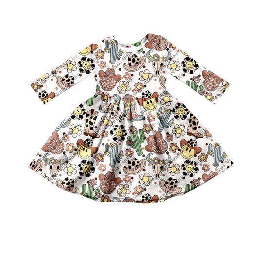 preorder GLD0351 Western smile cactus cow flowers long sleeve girls dress