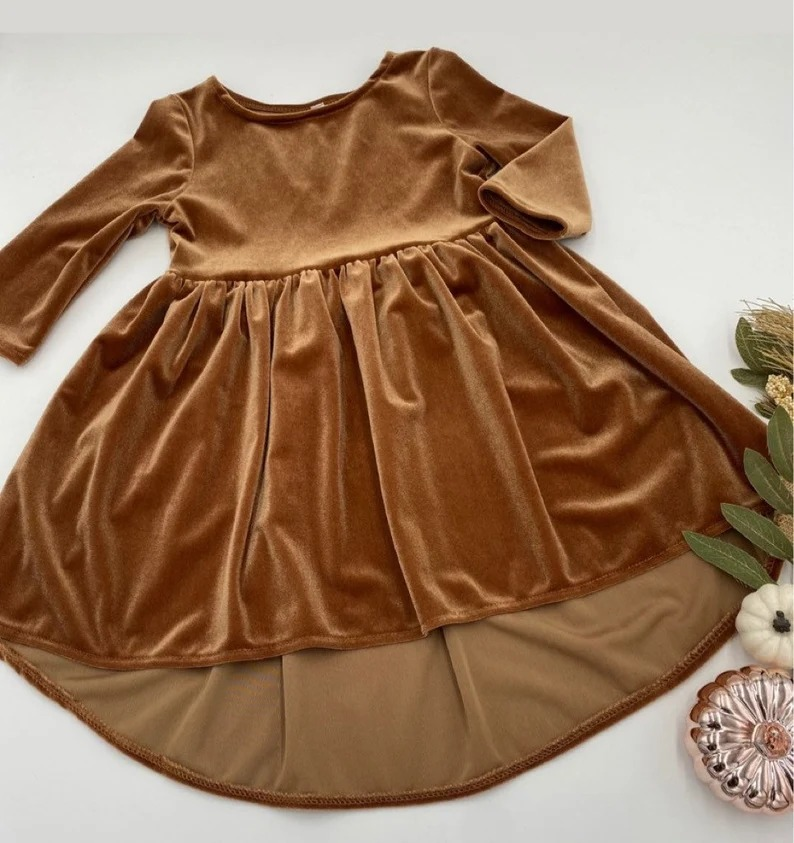 preorder GLD0356 Brown velvet long sleeve girls dress