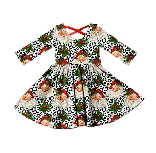 preorder GLD0363 Christmas Santa Claus leopard long sleeve girls dress