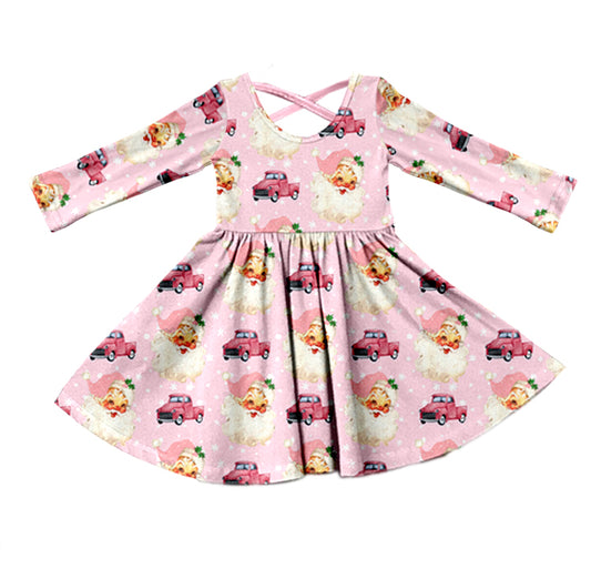 preorder GLD0366 Christmas Santa Claus truck pink long sleeve girls dress