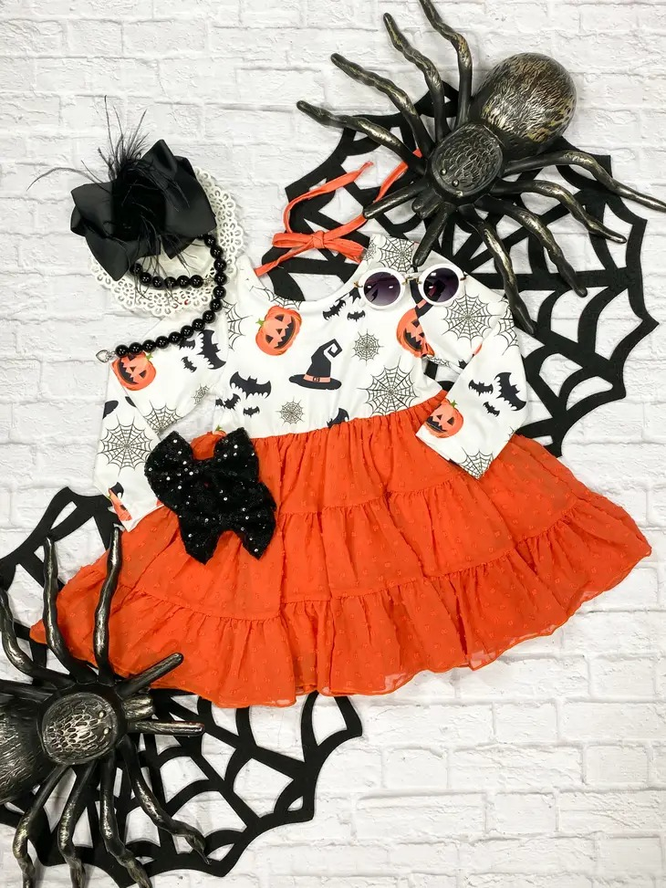 preorder GLD0370 Halloween pumpkin spider web long sleeve orange girls dress