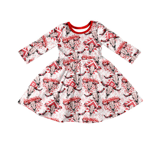 preorder GLD0380 Howdy Christmas cow red long sleeve girls dress