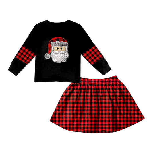 preorder GLD0382 Christmas Santa Claus black long sleeve red plaid skirt girls set