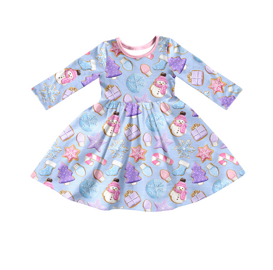 preorder GLD0383 Christmas snowman tree purple & blue long sleeve girls dress