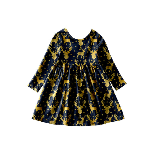 preorder GLD0386 Deer navy long sleeve girls dress