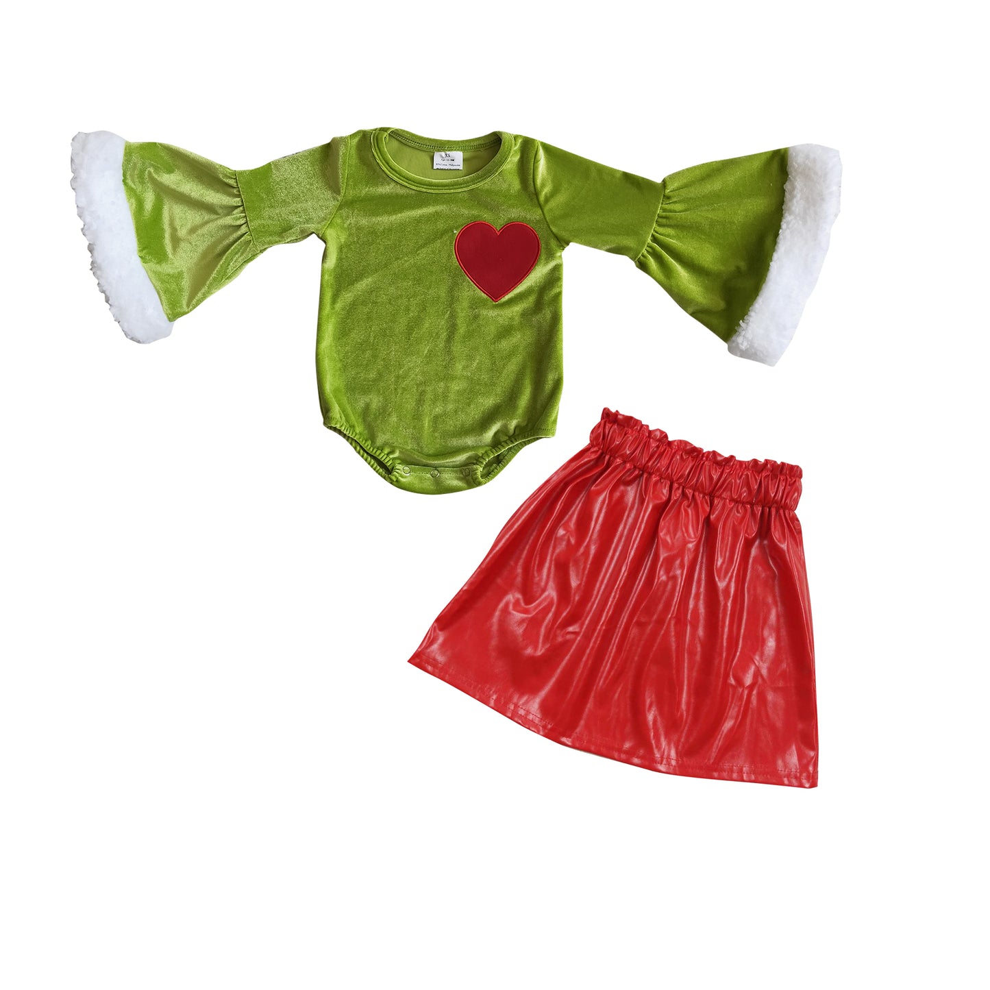 GLD0392 Green heart leotard long sleeve romper red leather skirt girls set