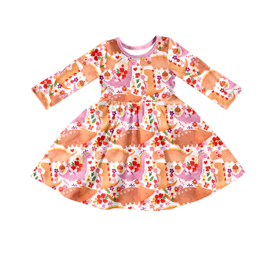 preorder GLD0427 Dinosaur colorful flowers long sleeve girls dress