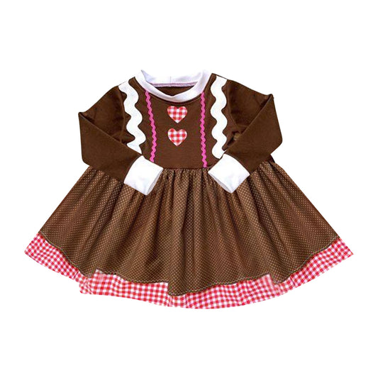 preorder GLD0432 Christmas gingerbread man brown long sleeve girls dress