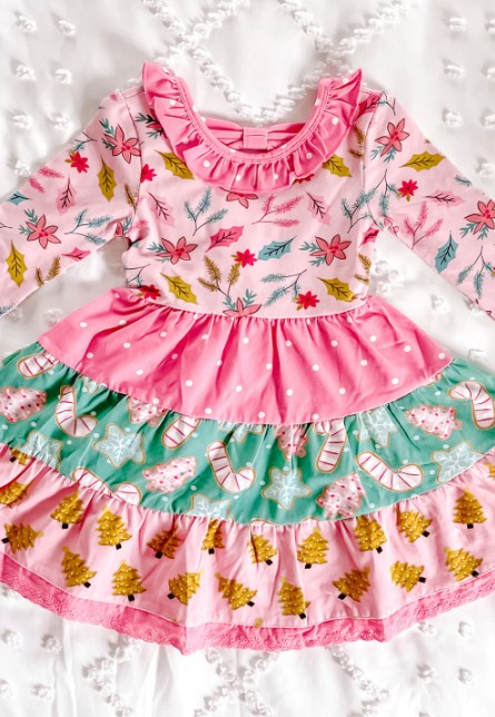 preorder GLD0434 Christmas tree cane candy pink long sleeve girls dress