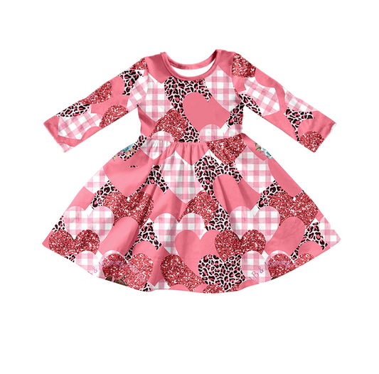 preorder GLD0436 Red leopard heart pink long sleeve girls dress