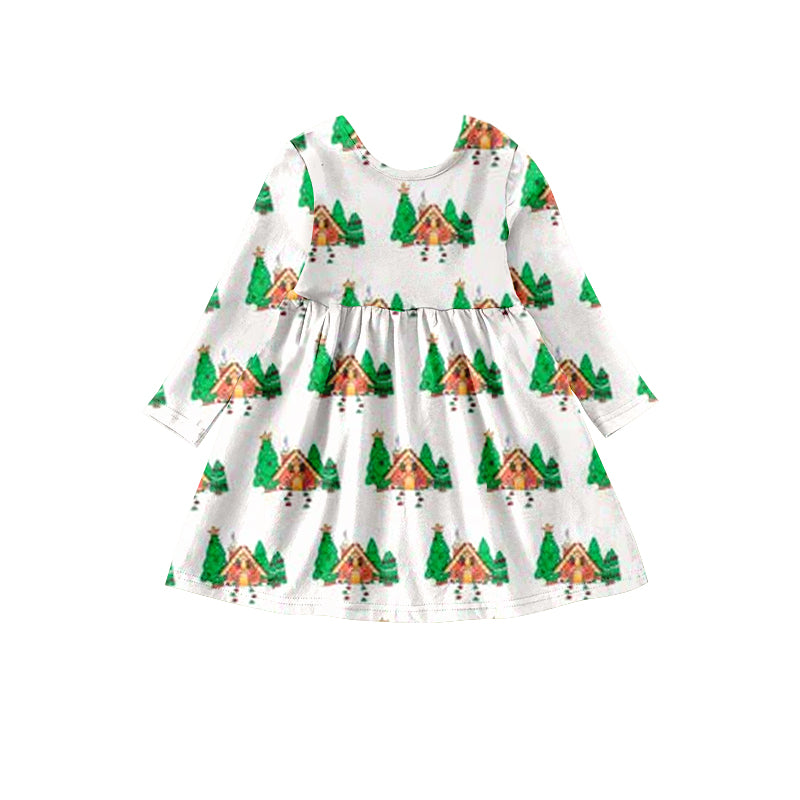 preorder  GLD0444 Christmas tree house long sleeve girls dress