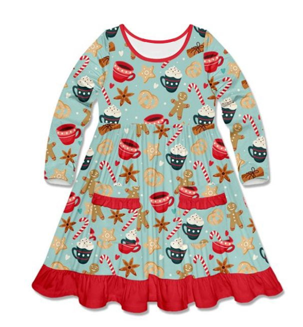 preorder  GLD0445 Christmas gingerbread man cane candy long sleeve girls dress