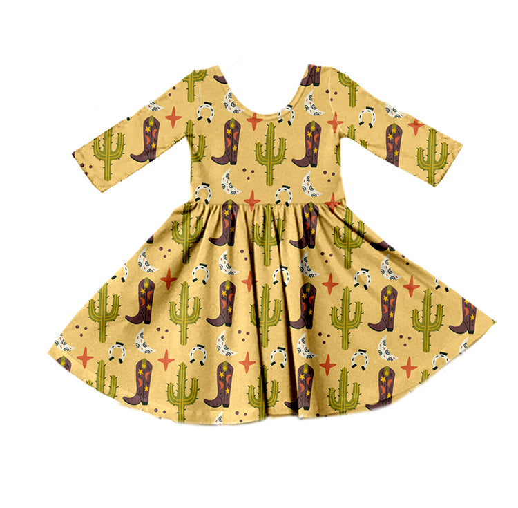 preorder GLD0449 Western cactus boot yellow long sleeve girls dress