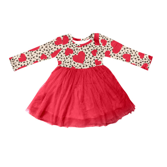 preorder GLD0456 Valentine's Day red heart leopard long sleeve girls tutu dress