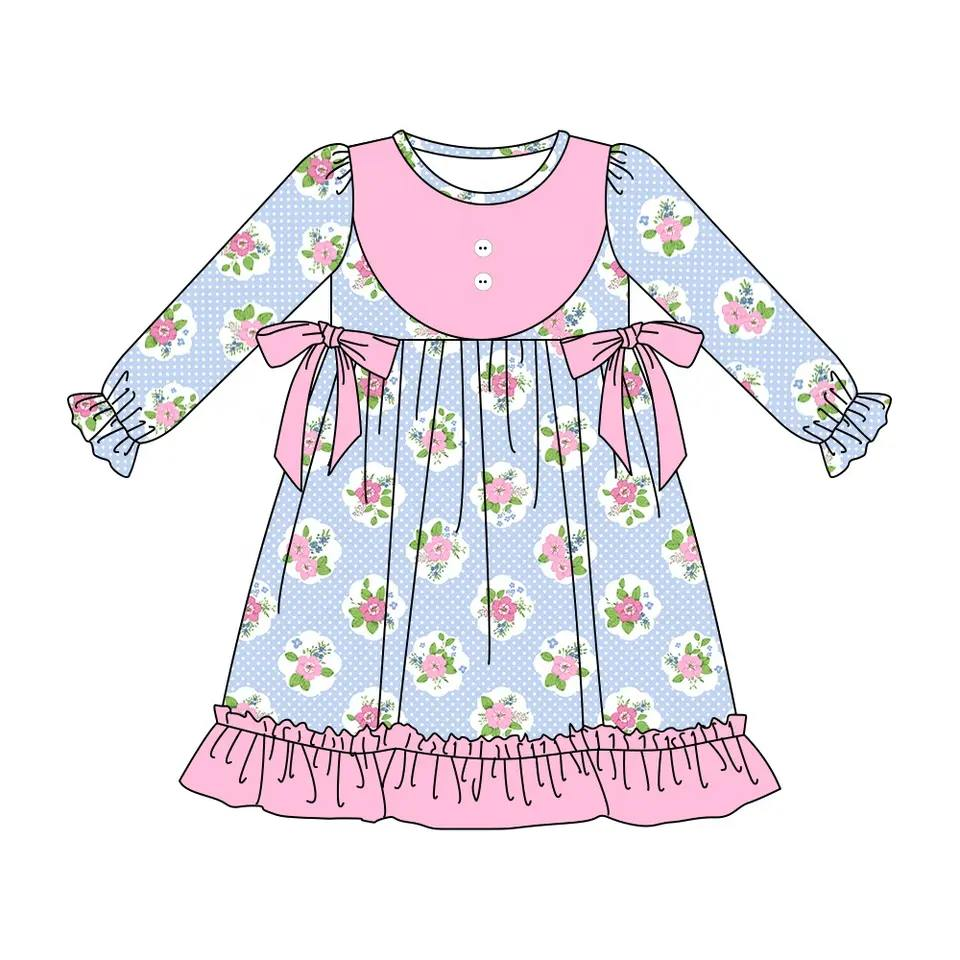 preorder GLD0461 Pink flowers blue long sleeve girls dress