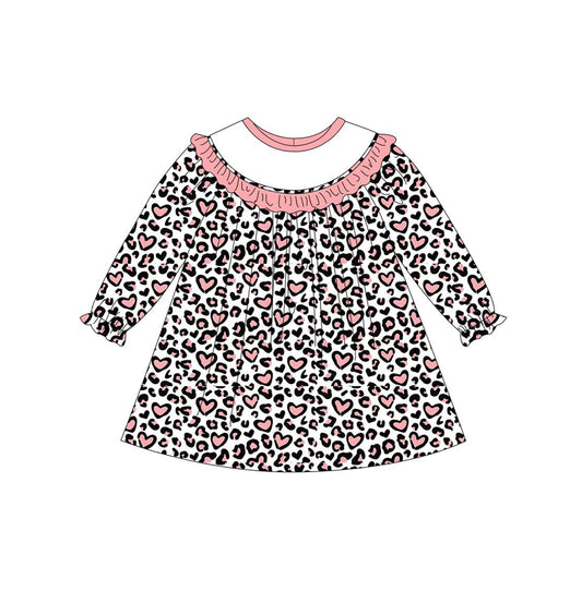 preorder GLD0466 Heart leopard pink long sleeve girls dress