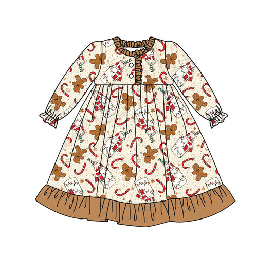 preorder GLD0467 Christmas cane candy gingerbread man long sleeve girls dress