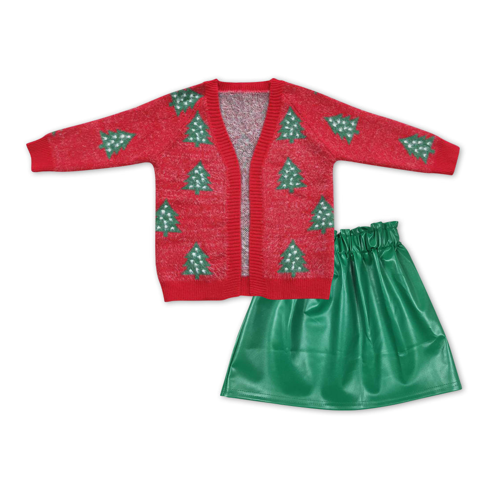 GLD0472 Christmas tree long sleeve red cardigan green leather skirt girls set