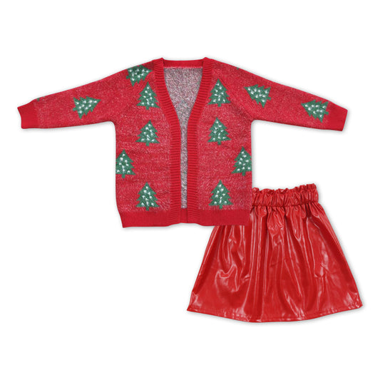 GLD0473 Christmas tree long sleeve red cardigan red leather skirt girls set