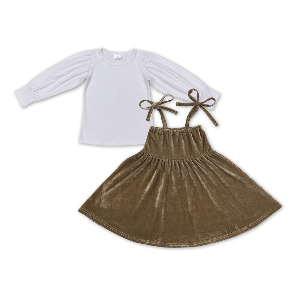 GLD0480 White long sleeve brown velvet skirt girls set