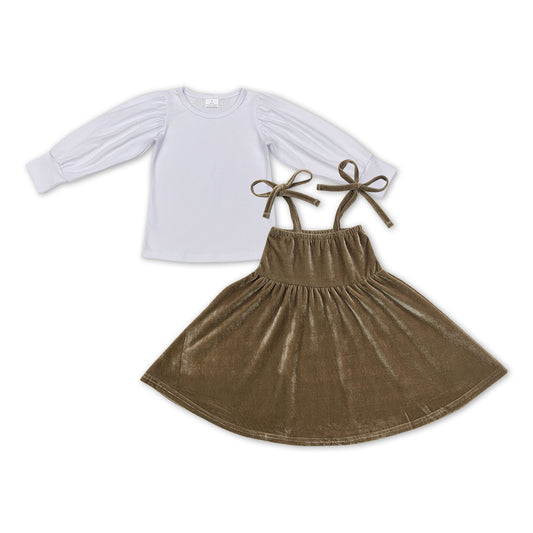 GLD0480 White long sleeve brown velvet skirt girls set
