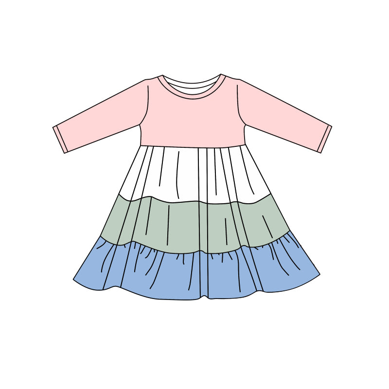 preorder GLD0484 Pink green blue long sleeve girls dress