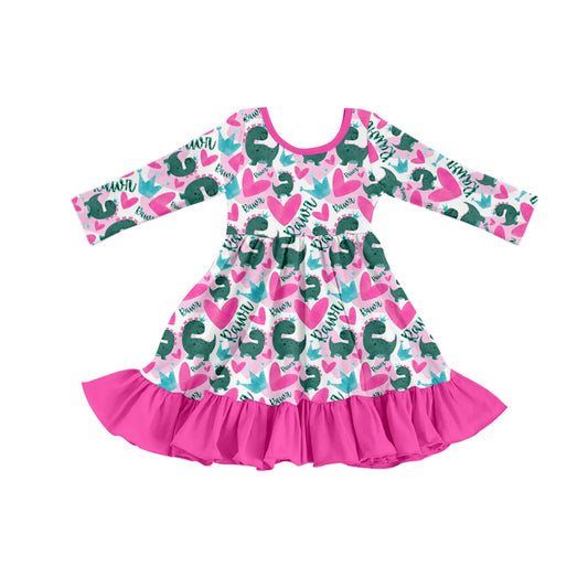 preorder GLD0491 Valentine's Day Heart Dinosaur Hot Pink Long Sleeve Girls Dress