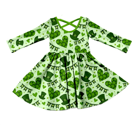 preorder GLD0499 Saint Patrick Clover Heart Green Long Sleeve Girls Dress