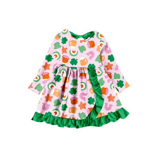 preorder GLD0500 Baby Girl Clover Rainbow Star Pink Green Ruffles Girls Dress Kids Saint Patrick Clothes