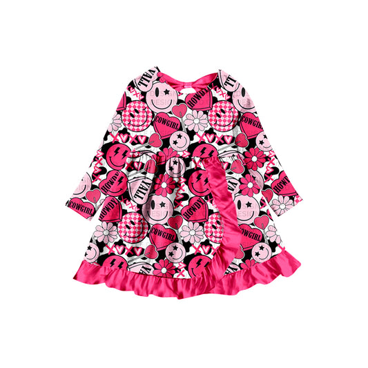 preorder GLD0501 Baby Girl Cowgirl Smile Heart Hot Pink Long Sleeve Girls Dress Kids Valentine's Day Clothes