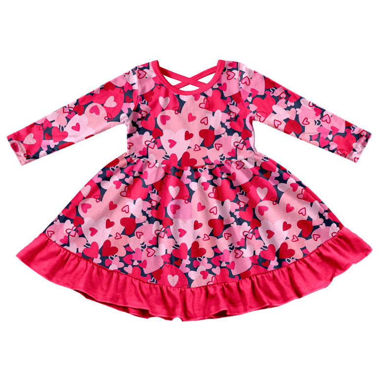 preorder GLD0502 XOXO Heart Hot Pink Long Sleeve Girls Dress Kids Valentine's Day Clothes