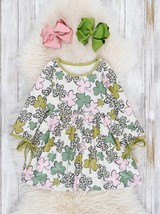 preorder GLD0506 Saint Patrick Lucky Clover Green Long Sleeve Girls Dress