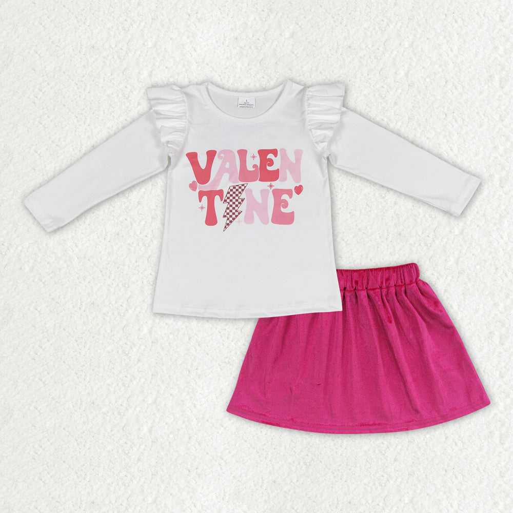 GLD0507 Valentine white long sleeve hot pink velvet skirt girls set