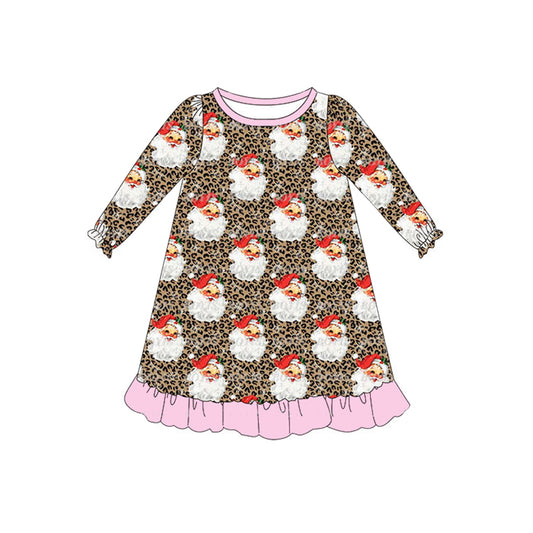 preorder GLD0521 Christmas Santa leopard long sleeve girls dress