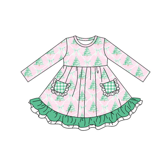 preorder GLD0525 Christmas green tree bow pockets pink long sleeve girls dress