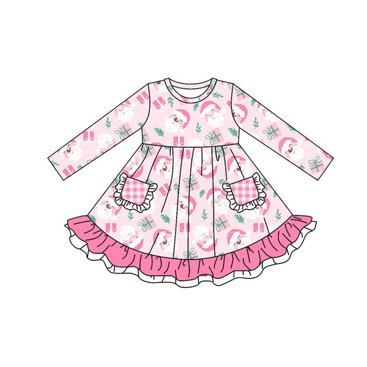 preorder GLD0526 Christmas Santa gift pink pockets long sleeve girls dress