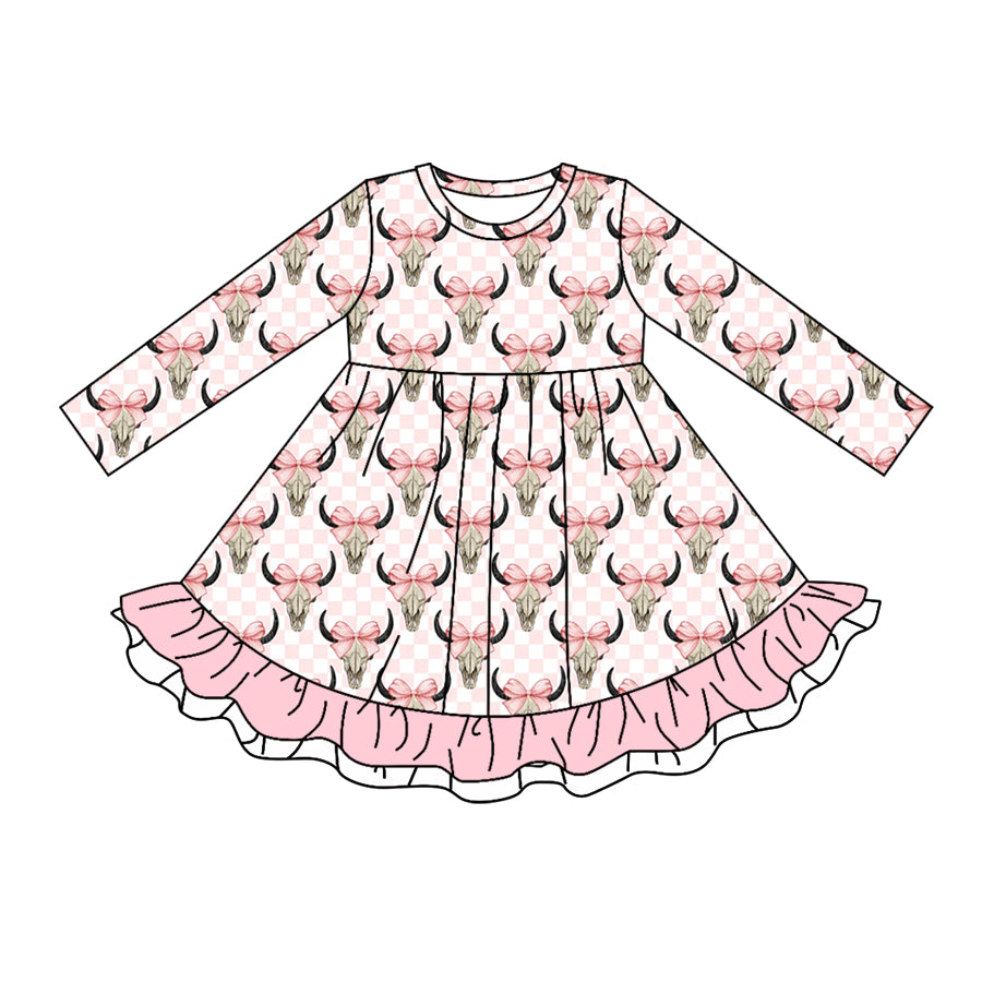 preorder GLD0528 pink bow cow checkered long sleeve girls dress