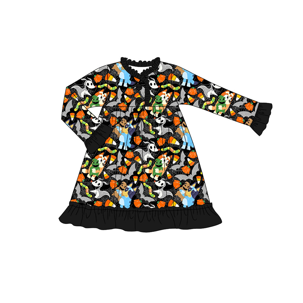 preorder GLD0541 Christmas candy corn spooky cartoon dog black long sleeve girls dress