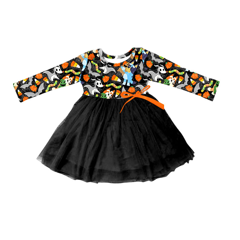 preorder GLD0542 Christmas candy corn spooky cartoon dog black long sleeve girls dress