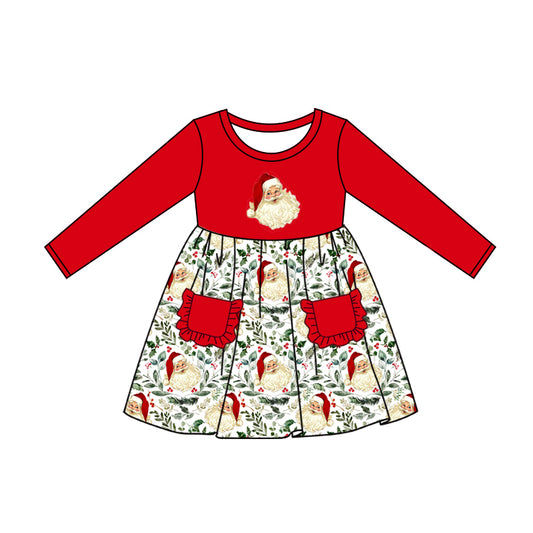 preorder GLD0547 Christmas Santa red pockets long sleeve girls dress