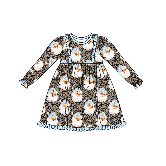 preorder GLD0548 Christmas leopard Santa blue long sleeve girls dress