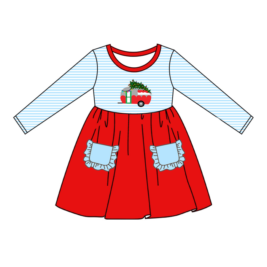 preorder GLD0551 Christmas tree bus blue striped pockets red long sleeve girls dress