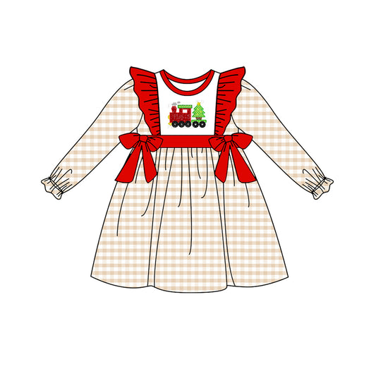 preorder GLD0552 Christmas tree train checkered long sleeve girls dress