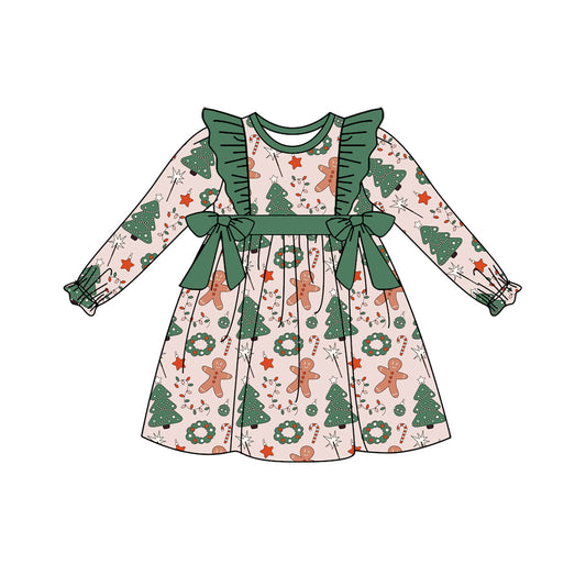preorder GLD0554 Christmas gingerbread man tree candy green long sleeve girls dress